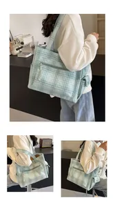 Detail of light green plaid tote bag showing woven texture and functional side flap pocket