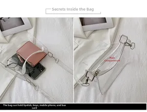 Detailed interior of clear PVC bag showing capacity for phone wallet and essentials