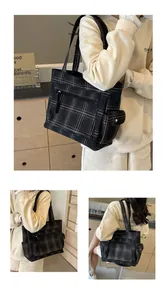 Detail of grey plaid tote bag featuring front zipper pocket and side flap compartment