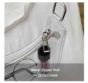Close-up of silver hardware pull on a transparent PVC bag showing fine material details