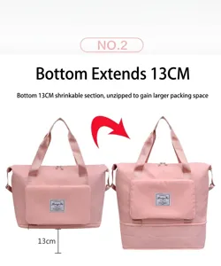 Detalle del bolso de viaje con cremallera inferior extensible para 13 cm extra de espacio