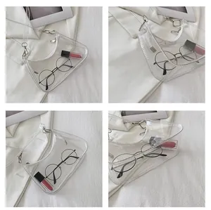 Vue macro du sac hobo en PVC transparent avec surpiqûres blanches et boucles argentées