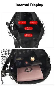 Vista interna de mochila de pata de gallo mostrando compartimentos y bolsillos