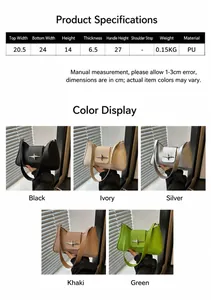 Size guide for PU leather underarm bag with dimensions, weight and five color options