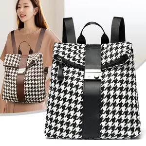 Mochila de Moda para Mujer Pata de Gallo Vintage Cuero PU Patchwork Mochila de Viaje Gran Capacidad con Cierre de Bloqueo de Metal