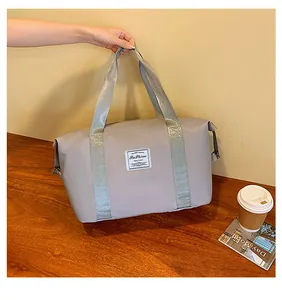 Macro shot of waterproof nylon travel bag in light purple with Fashion travel label