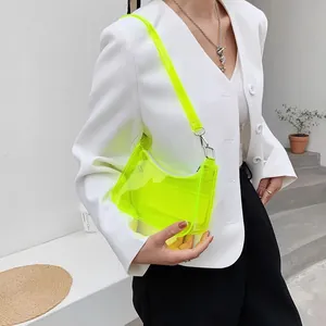 Sac sous le bras en PVC transparent jaune fluorescent pour femme avec forme demi-lune