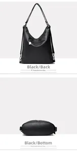 Vista posteriore della borsa con borchie nera con zip nascosta e base piatta