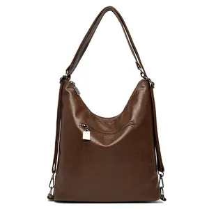 Borsa hobo in pelle PU marrone scuro opaco con design multifunzionale a zaino e a spalla