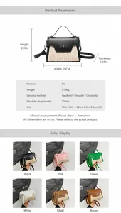 Detaildiagramm der PU-Leder-Strohtasche mit Maßen und sechs Farboptionen