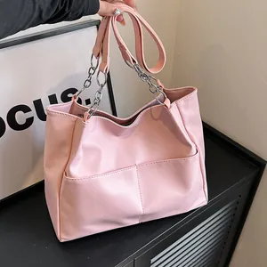 Women Casual Large Capacity Tote Bag Soft PU Leather Shoulder Bag With Metal Chain Stitching Fashion Daily Underarm Handbag