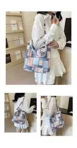 Detail of a large canvas tote with blue and pink patchwork, floral patterns and grid print