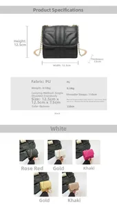 Close-up of quilted PU leather mini bag with gold chain strap and V-pattern stitching