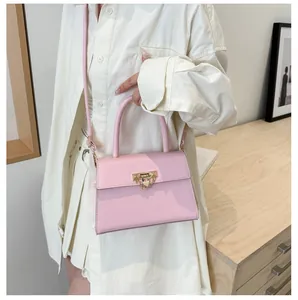Detail view of pink crossbody bag featuring gold hardware and delicate chain accents
