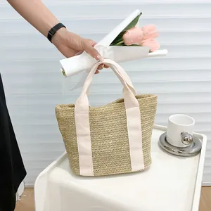 Women Casual Straw Woven Handbag Fashion Beach Tote Bag Small Fresh Style Handwoven Contrast Color Top Handle Bag For Holiday