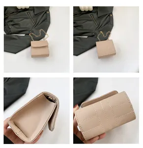 Detailed views of beige chain crossbody bag showing stitching and interior compartment