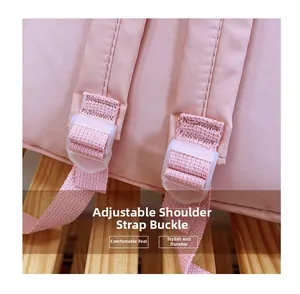 Detail of adjustable shoulder strap and durable buckle on pink student backpack