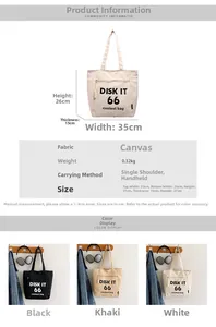 Detailed size specifications for canvas tote bag with dimensions and triple color display