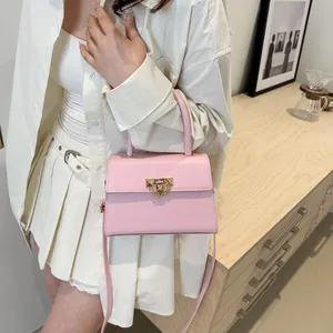 Women Fashion PU Leather Square Crossbody Bag Solid Color Shoulder Handbag With Gold Metal Lock And Chain Detail