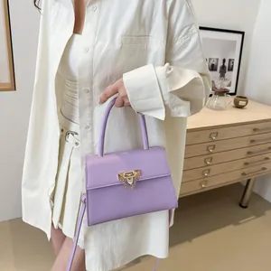 Chic lavender square handbag with gold metal lock buckle and crossbody strap for women