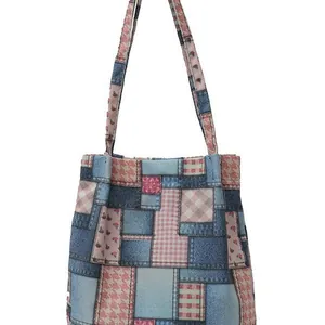 Versatile canvas tote bag for women featuring a vintage patchwork design and large capacity