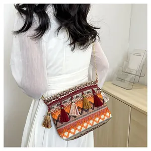 Detail of ethnic geometric woven pattern and colorful tassels on bohemian crossbody bag