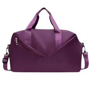 Purple waterproof fitness travel bag with dry-wet separation and adjustable shoulder strap