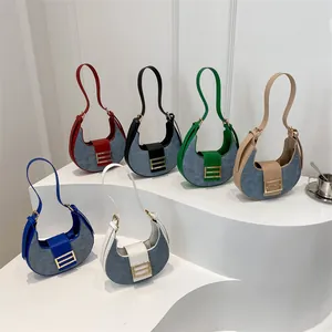 Bolso de Axila de Media Luna Retro para Mujer de Mezclilla y Cuero PU Bolso de Hombro Hobo Vintage con Hebilla de Metal Bolso Elegante para el Trabajo