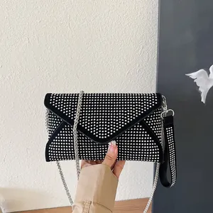 Women Full Rhinestone Envelope Evening Bag With Chain Strap Shoulder Crossbody Bag Sparkly Handbag For Party Wedding Black White