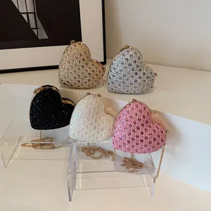 Sac de Soirée en Forme de Cœur Doux pour Femmes avec Paillettes et Strass Sac Bandoulière avec Chaîne Pochette de Fête