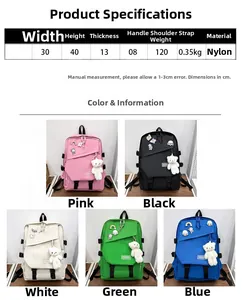 Guide des tailles et couleurs pour sac à dos d'école en nylon avec pendentif ours