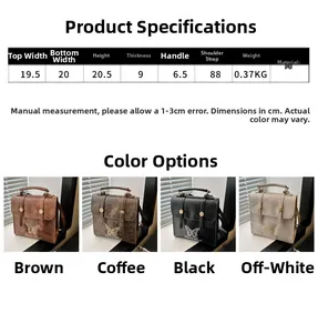 Size guide for PU leather backpack showing dimensions and available colors like brown