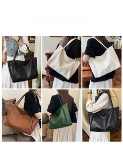 Collage of four large woven tote bags in various colors showing style and capacity