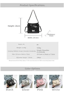 Detailed size specifications and material table for PU shoulder bag with butterfly buckle