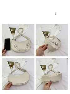 Detailed four-way view of a cream-colored saddle bag with metallic buckle and wide base