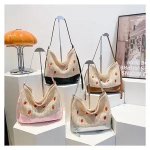 Summer Women Strawberry Embroidered Straw Bag Casual Pastoral Woven Shoulder Tote With PU Leather Patchwork Large Capacity Bag