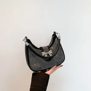 Women Sparkly Rhinestone Underarm Bag Fashion PU Leather Metal Bow Knot Crescent Hobo Shoulder Crossbody Handbag For Evening Party Wedding