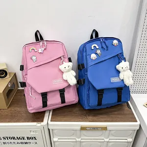 Sac à dos d'école minimaliste grande capacité avec badges mignons et pendentif ours en peluche