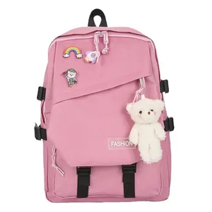 Sac à dos d'école rose avec patchs de dessins animés et porte-clé ours en peluche