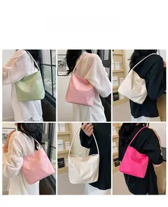 Multiple views of a stylish nylon shoulder bag with embroidery in four vibrant colors