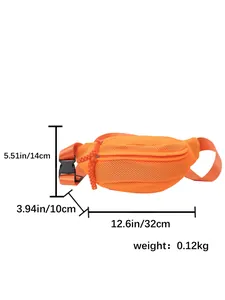 Detailed size chart of orange mesh crossbody bag with dimensions and weight info