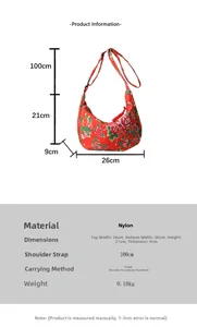 Tabella taglie borsa in nylon che mostra larghezza 26 cm e altezza 21 cm con specifiche