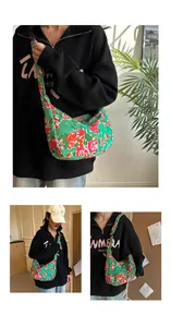 Dettaglio della borsa a tracolla in nylon verde con vivaci motivi floreali di rose rosse