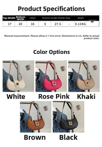 Size chart for crescent PU leather underarm bag with clover metal hardware and dimensions
