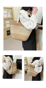 Détails d'un sac cabas en paille kaki avec rayures blanches et anses en corde