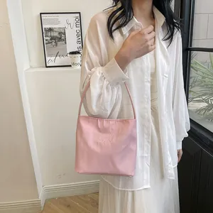 Chic pink nylon tote bag with embroidered lettering for women casual daily wear