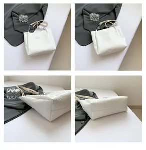 Detailed views of white woven tote bag featuring chain strap and reinforced base design