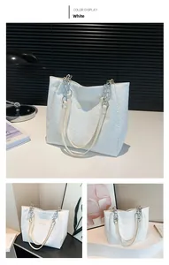 Detailed views of a white woven tote bag with silver chain handles and fashion label