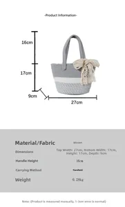 Detailed size chart for woven straw handbag showing dimensions and lace bow ornament