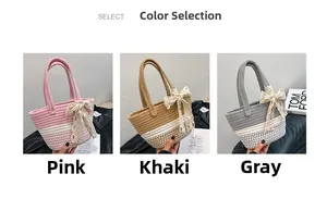 Detailed view of woven straw tote bags with lace bows in pink, khaki, and gray colors